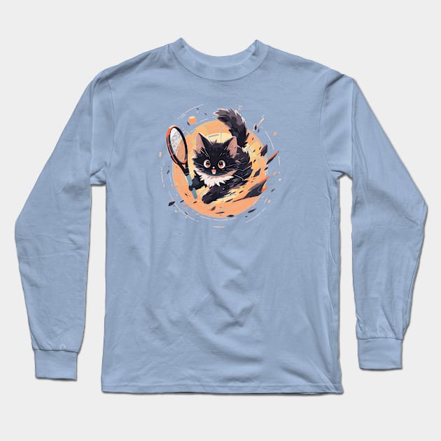 Energetic fluffy cat playing tennis (bold) Long Sleeve T-Shirt by etherElric